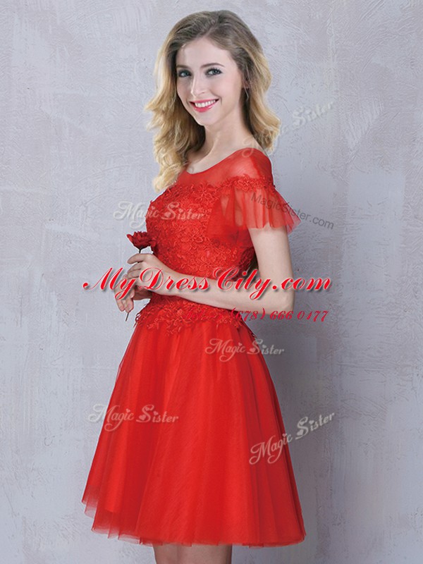 Scoop Red A-line Lace Court Dresses for Sweet 16 Lace Up Tulle Short Sleeves Mini Length