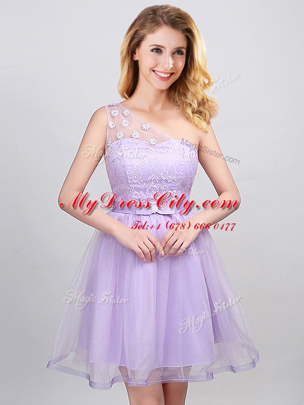 Nice Off the Shoulder Lavender A-line Lace and Appliques and Belt Court Dresses for Sweet 16 Lace Up Tulle Sleeveless Mini Length