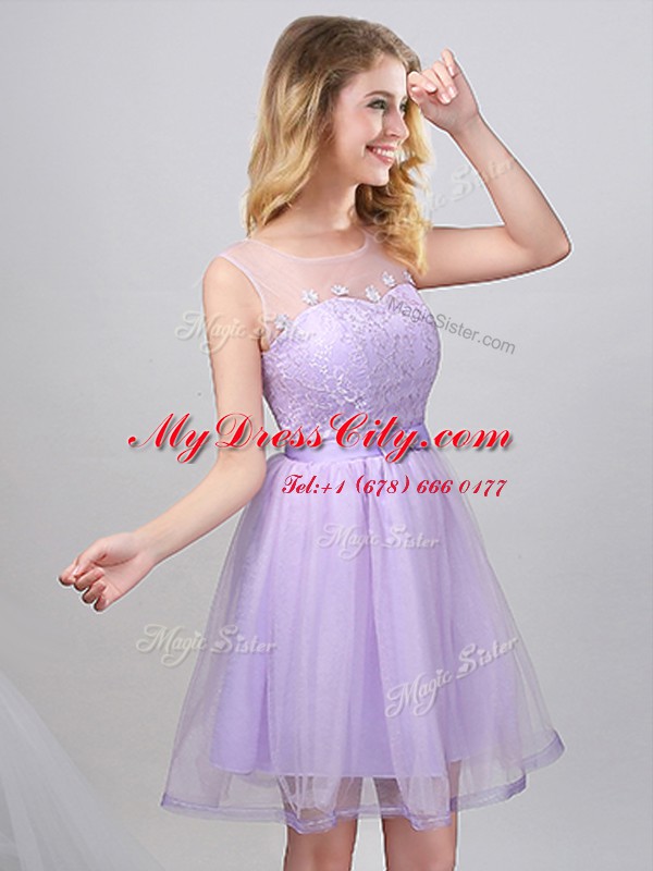 Nice Off the Shoulder Lavender A-line Lace and Appliques and Belt Court Dresses for Sweet 16 Lace Up Tulle Sleeveless Mini Length