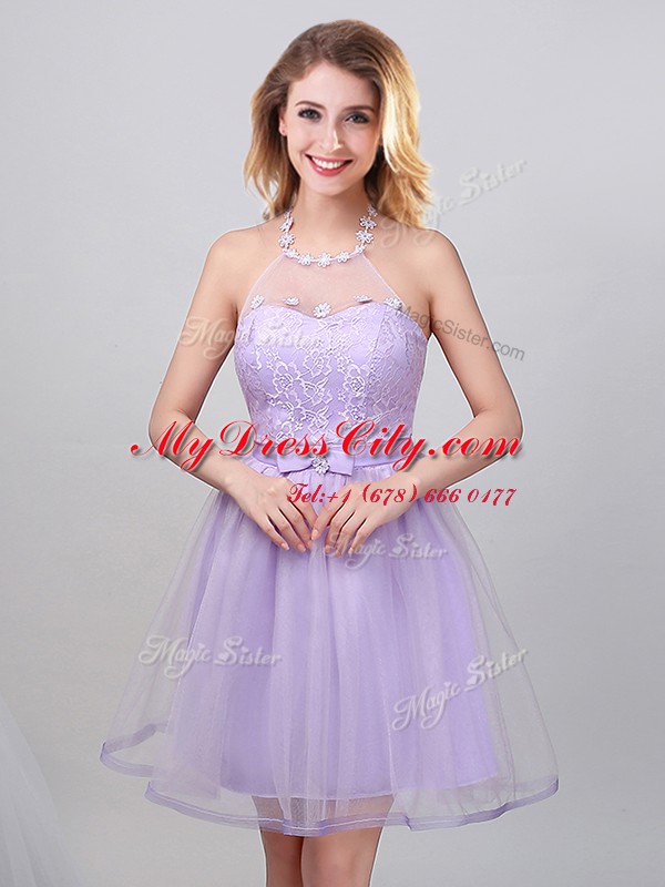 Nice Off the Shoulder Lavender A-line Lace and Appliques and Belt Court Dresses for Sweet 16 Lace Up Tulle Sleeveless Mini Length