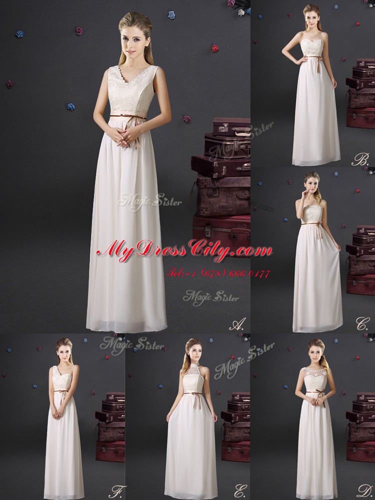 Fashion Floor Length White Quinceanera Court Dresses Chiffon Sleeveless Lace and Belt