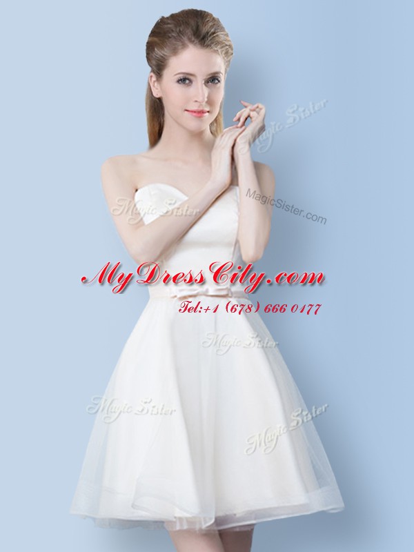 High End White Tulle Lace Up Dama Dress for Quinceanera Sleeveless Knee Length Bowknot