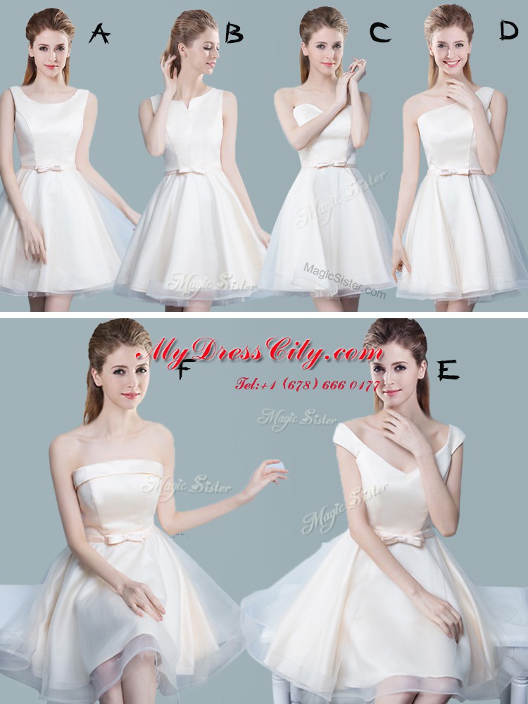 High End White Tulle Lace Up Dama Dress for Quinceanera Sleeveless Knee Length Bowknot