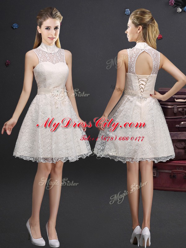 Beauteous A-line Court Dresses for Sweet 16 Champagne High-neck Lace Sleeveless Knee Length Lace Up