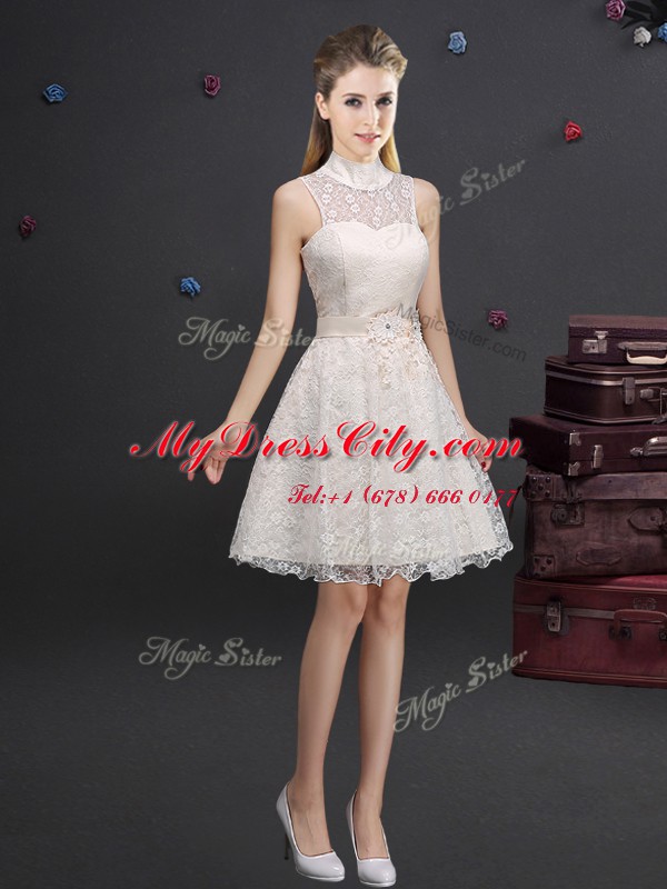 Beauteous A-line Court Dresses for Sweet 16 Champagne High-neck Lace Sleeveless Knee Length Lace Up