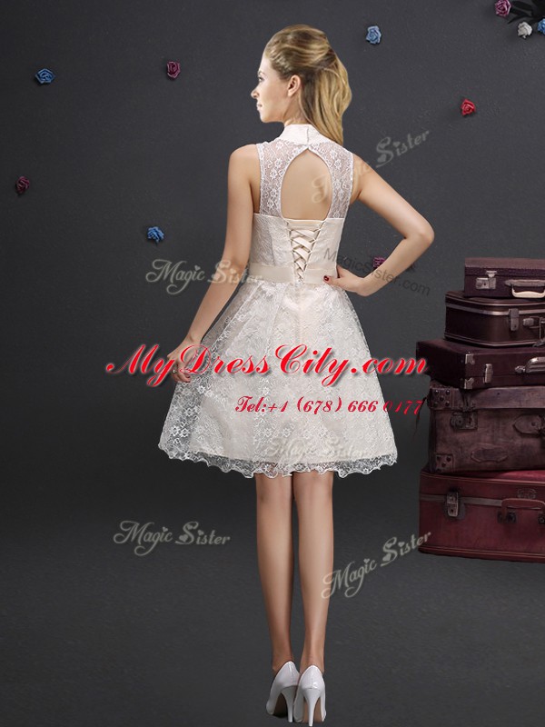 Beauteous A-line Court Dresses for Sweet 16 Champagne High-neck Lace Sleeveless Knee Length Lace Up