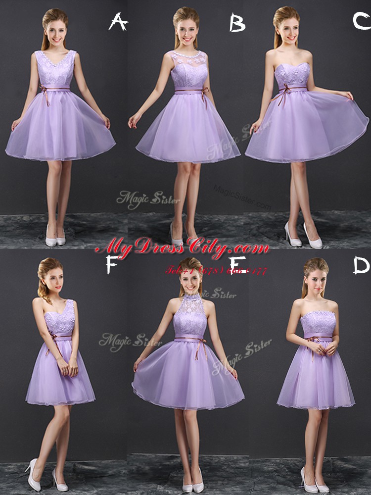 Top Selling Sleeveless Organza Mini Length Lace Up Dama Dress in Lavender with Lace and Appliques and Belt