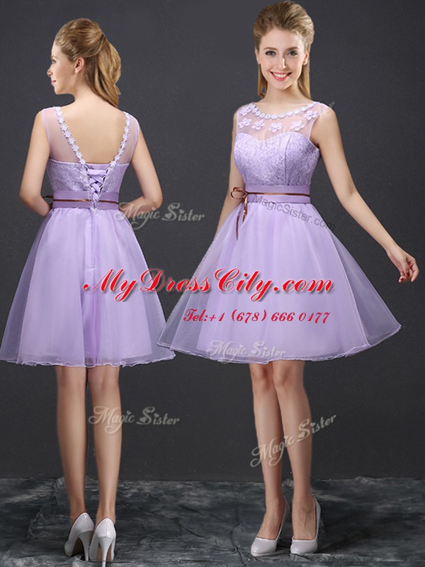 Top Selling Sleeveless Organza Mini Length Lace Up Dama Dress in Lavender with Lace and Appliques and Belt