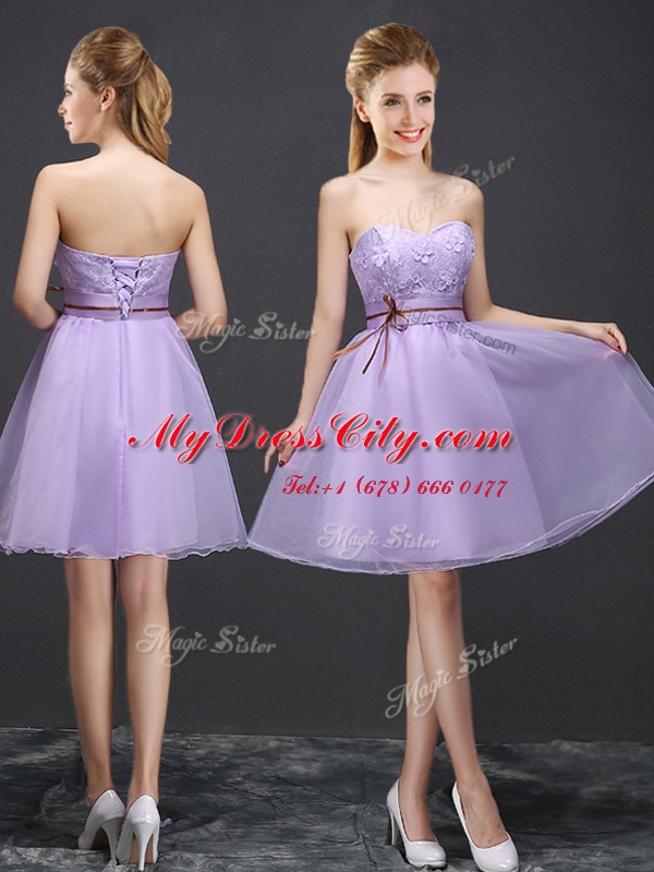 Top Selling Sleeveless Organza Mini Length Lace Up Dama Dress in Lavender with Lace and Appliques and Belt