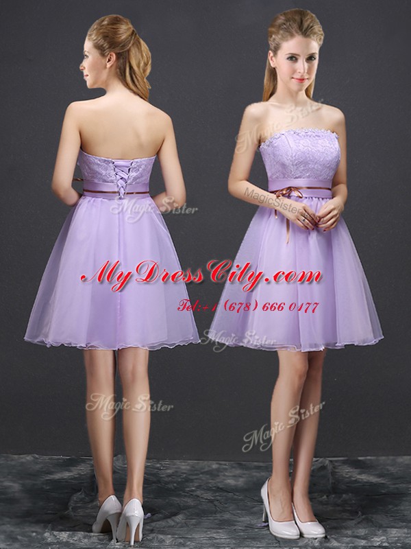 Top Selling Sleeveless Organza Mini Length Lace Up Dama Dress in Lavender with Lace and Appliques and Belt