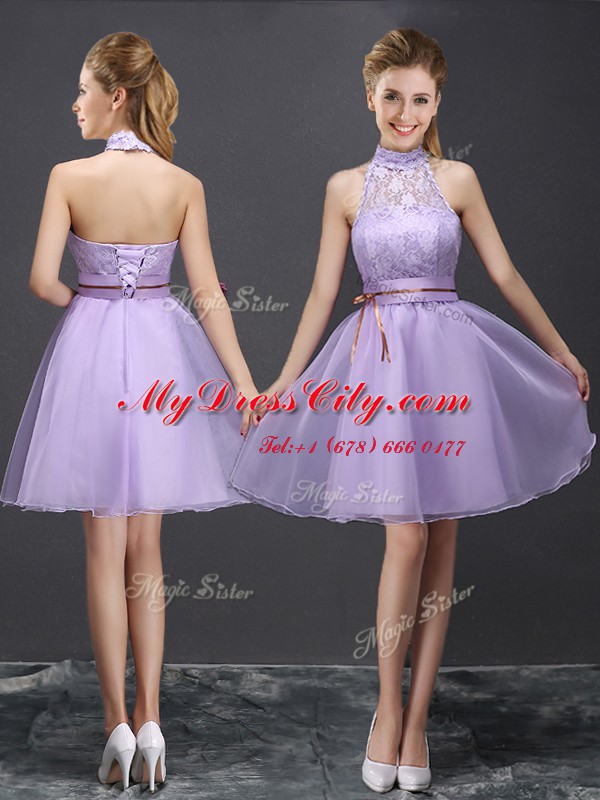 Top Selling Sleeveless Organza Mini Length Lace Up Dama Dress in Lavender with Lace and Appliques and Belt