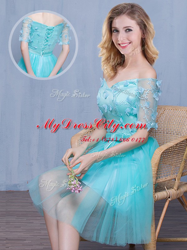 Off the Shoulder Knee Length Aqua Blue Vestidos de Damas Tulle Short Sleeves Lace and Appliques and Bowknot