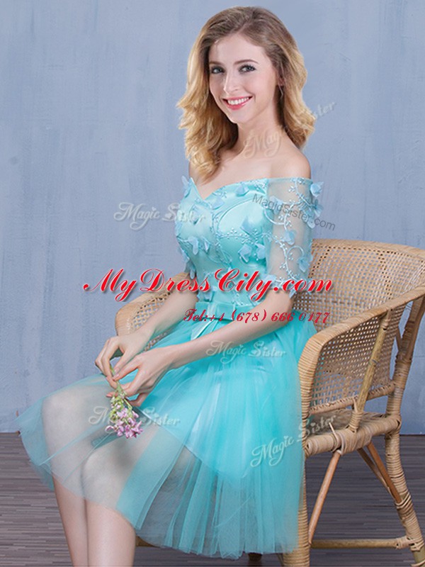 Off the Shoulder Knee Length Aqua Blue Vestidos de Damas Tulle Short Sleeves Lace and Appliques and Bowknot