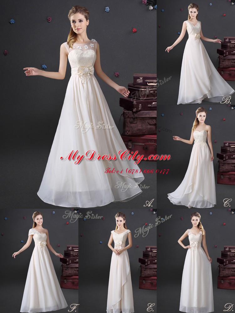 Gorgeous Chiffon Sleeveless Floor Length Court Dresses for Sweet 16 and Lace and Appliques and Bowknot