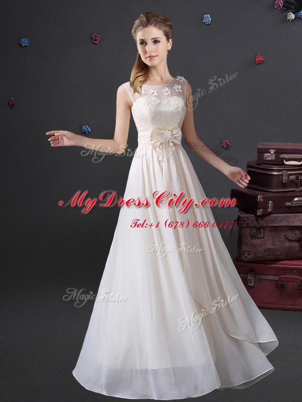 Gorgeous Chiffon Sleeveless Floor Length Court Dresses for Sweet 16 and Lace and Appliques and Bowknot