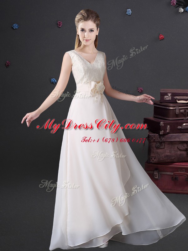 Gorgeous Chiffon Sleeveless Floor Length Court Dresses for Sweet 16 and Lace and Appliques and Bowknot