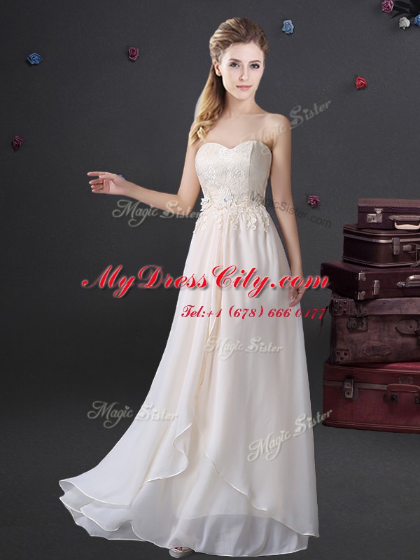 Gorgeous Chiffon Sleeveless Floor Length Court Dresses for Sweet 16 and Lace and Appliques and Bowknot