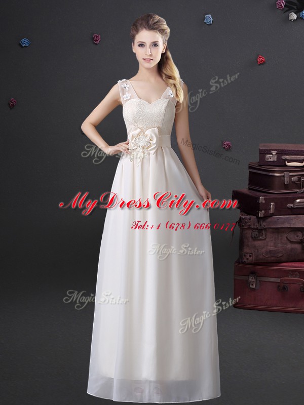 Gorgeous Chiffon Sleeveless Floor Length Court Dresses for Sweet 16 and Lace and Appliques and Bowknot