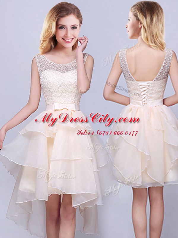 Fantastic Scoop Champagne Sleeveless Lace and Ruffles High Low Quinceanera Court of Honor Dress