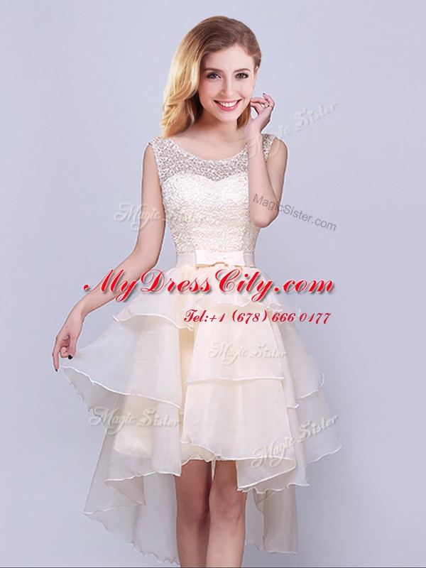 Fantastic Scoop Champagne Sleeveless Lace and Ruffles High Low Quinceanera Court of Honor Dress