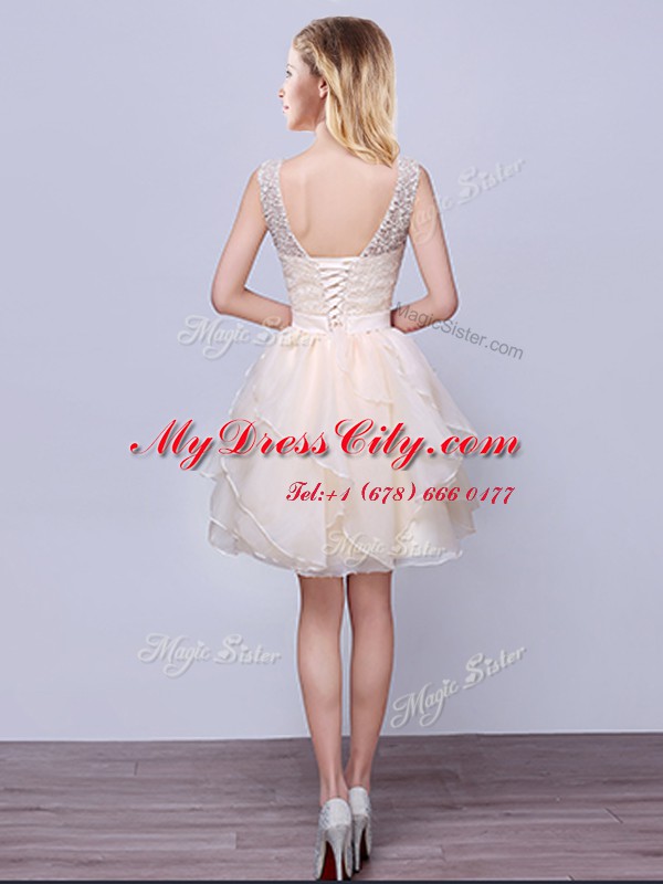 Fantastic Scoop Champagne Sleeveless Lace and Ruffles High Low Quinceanera Court of Honor Dress