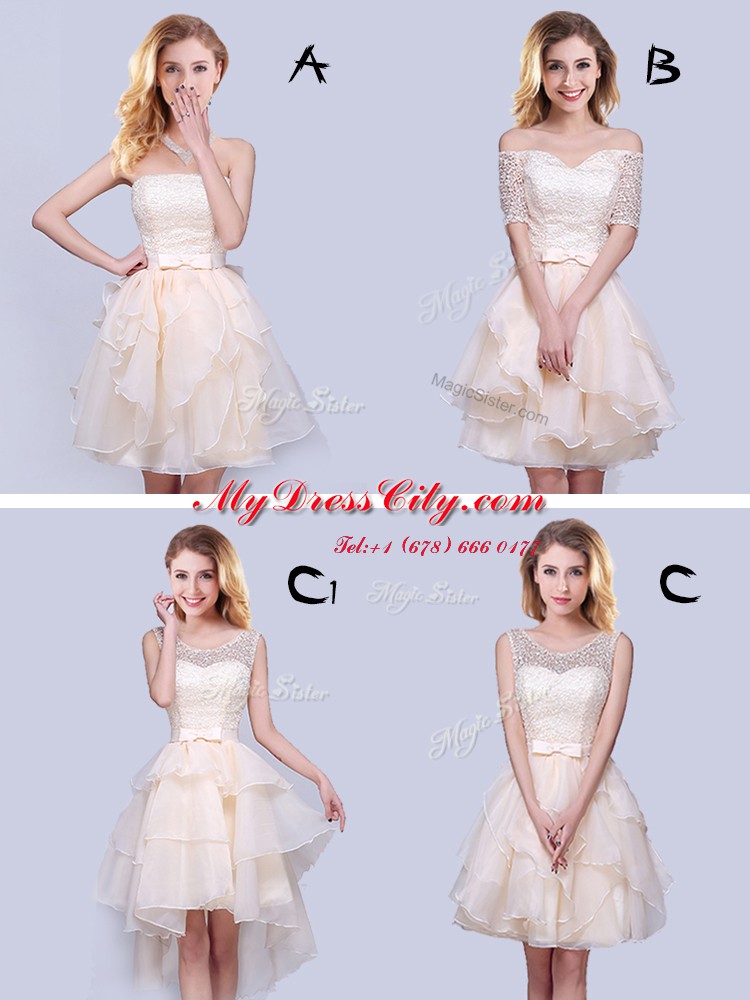 Fantastic Scoop Champagne Sleeveless Lace and Ruffles High Low Quinceanera Court of Honor Dress