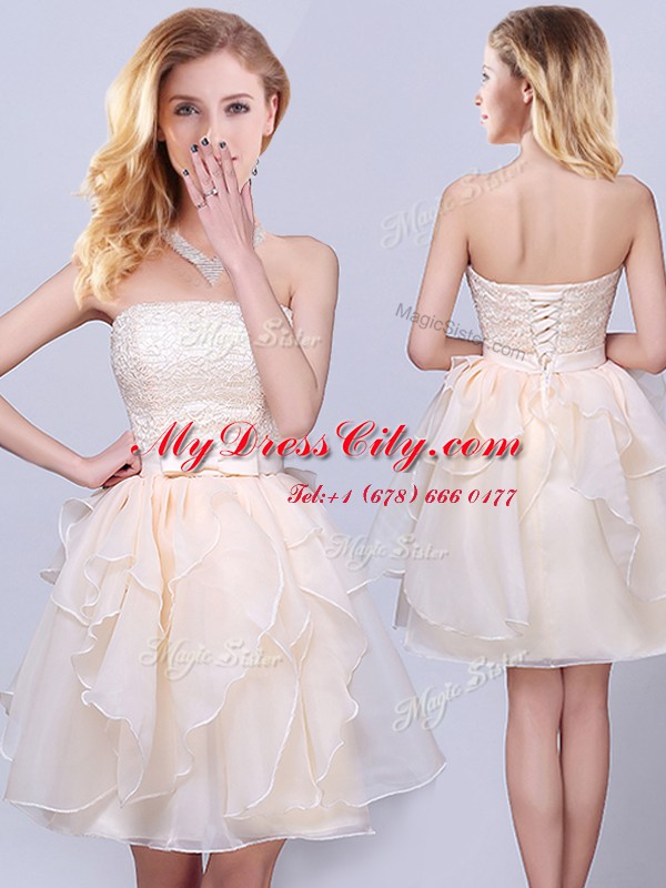 Champagne Organza Lace Up Damas Dress Sleeveless Mini Length Lace and Ruffles and Belt