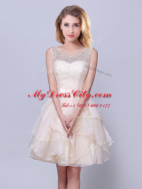 Champagne Organza Lace Up Damas Dress Sleeveless Mini Length Lace and Ruffles and Belt