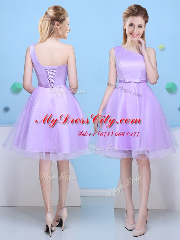 Sexy Knee Length Lavender Quinceanera Court of Honor Dress Scoop Sleeveless Lace Up