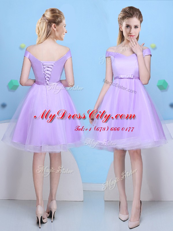 Sexy Knee Length Lavender Quinceanera Court of Honor Dress Scoop Sleeveless Lace Up