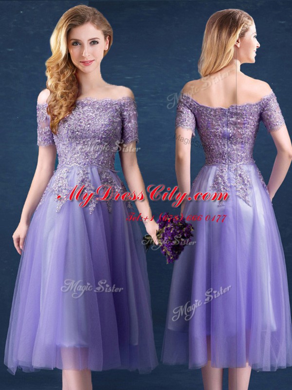 Lovely Lavender Off The Shoulder Zipper Beading and Lace Court Dresses for Sweet 16 Short Sleeves