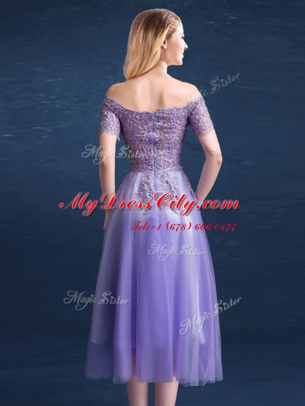 Lovely Lavender Off The Shoulder Zipper Beading and Lace Court Dresses for Sweet 16 Short Sleeves