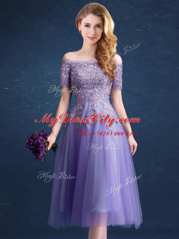 Lovely Lavender Off The Shoulder Zipper Beading and Lace Court Dresses for Sweet 16 Short Sleeves