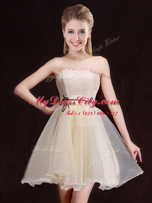 Organza Strapless Sleeveless Lace Up Lace Quinceanera Court Dresses in Champagne