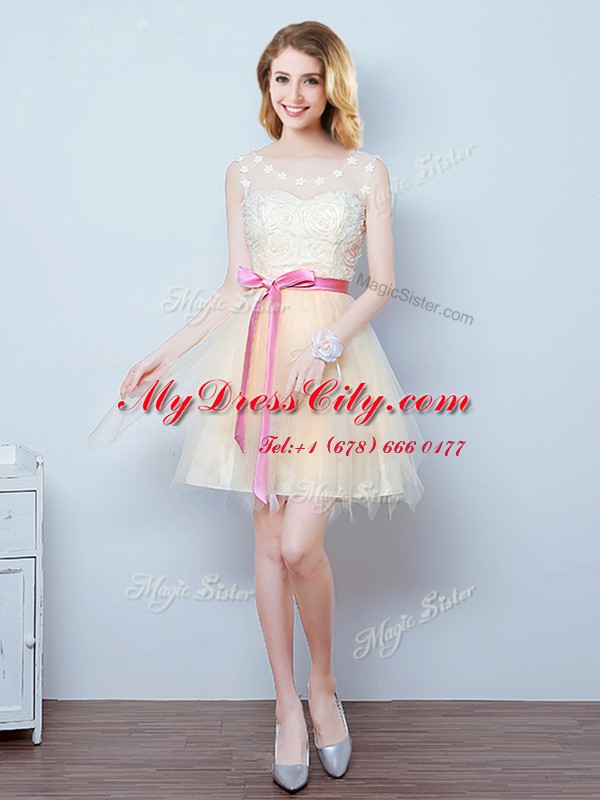 Scoop Champagne Sleeveless Lace and Appliques and Ruffles and Bowknot Mini Length Quinceanera Dama Dress