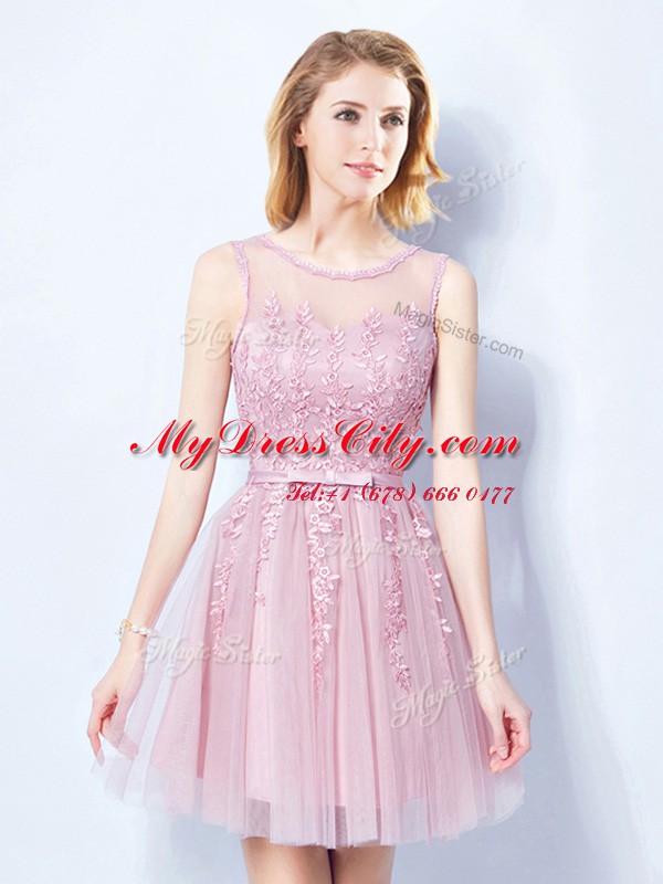 Scoop Sleeveless Lace Up Mini Length Appliques and Belt Court Dresses for Sweet 16