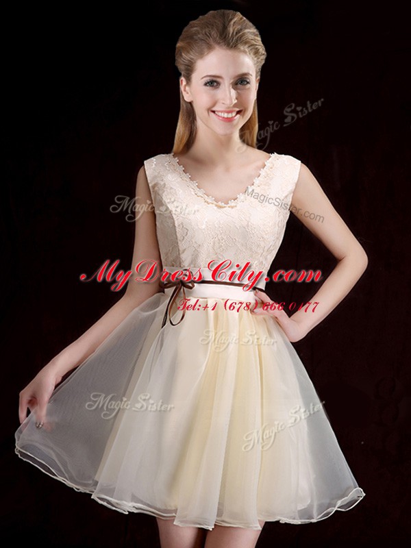 Luxurious Organza Sleeveless Mini Length Bridesmaid Gown and Lace and Appliques and Belt