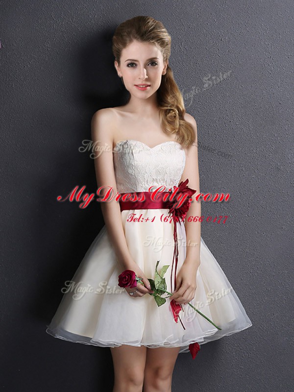 Champagne A-line Lace and Appliques and Hand Made Flower Court Dresses for Sweet 16 Lace Up Organza Sleeveless Mini Length