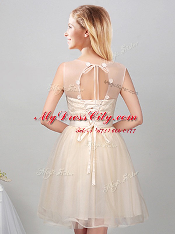 Scoop Champagne A-line Lace and Appliques and Belt Quinceanera Court Dresses Lace Up Tulle Sleeveless Mini Length