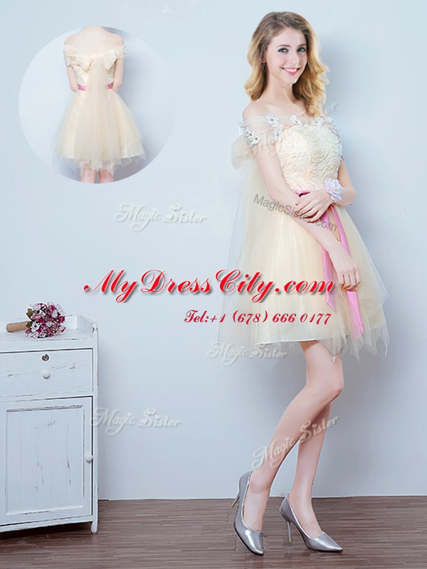 Discount Champagne Dama Dress Prom and Party and Wedding Party and For with Lace and Appliques and Ruffles and Bowknot Off The Shoulder Short Sleeves Lace Up