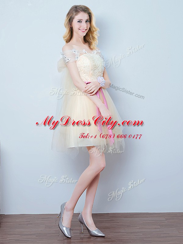 Discount Champagne Dama Dress Prom and Party and Wedding Party and For with Lace and Appliques and Ruffles and Bowknot Off The Shoulder Short Sleeves Lace Up