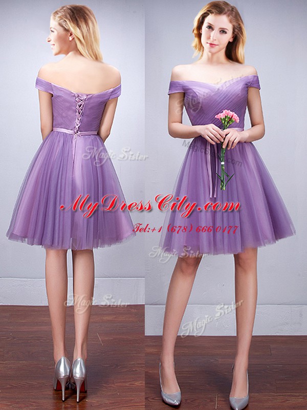 Best One Shoulder Lavender Sleeveless Tulle Lace Up Quinceanera Court Dresses for Prom and Party and Wedding Party