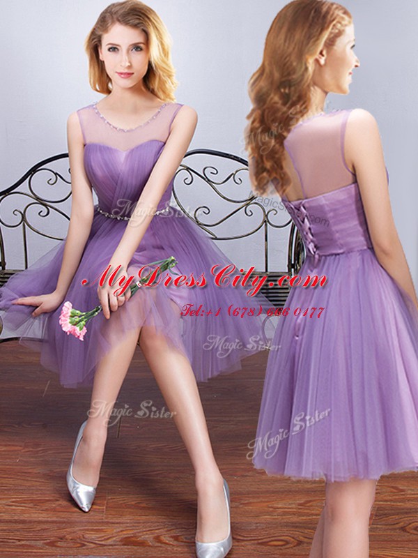 Best One Shoulder Lavender Sleeveless Tulle Lace Up Quinceanera Court Dresses for Prom and Party and Wedding Party