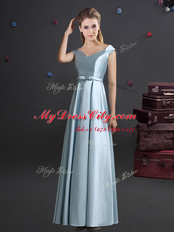 Clearance Off the Shoulder Floor Length Empire Cap Sleeves Light Blue Bridesmaid Dress Zipper