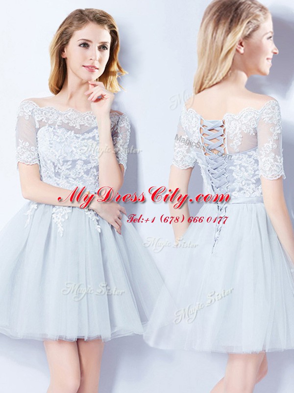 Off the Shoulder Tulle Short Sleeves Mini Length Dama Dress for Quinceanera and Lace