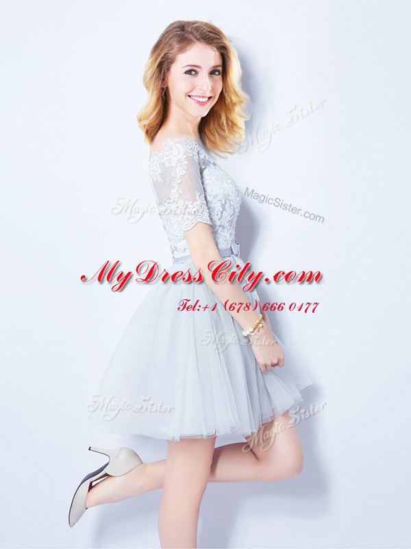 Off the Shoulder Tulle Short Sleeves Mini Length Dama Dress for Quinceanera and Lace