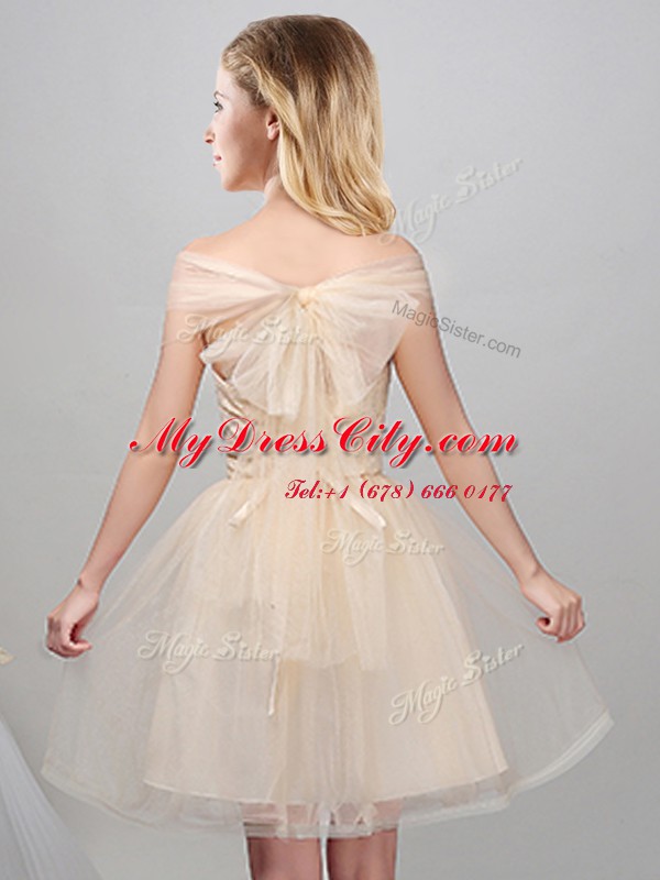 Beauteous Off the Shoulder Champagne Short Sleeves Mini Length Lace and Appliques and Belt Lace Up Bridesmaid Dresses