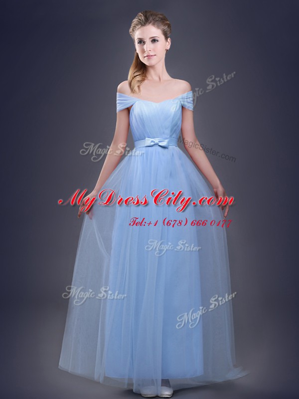 Light Blue Empire Tulle Off The Shoulder Sleeveless Ruching and Bowknot Floor Length Lace Up Bridesmaid Gown