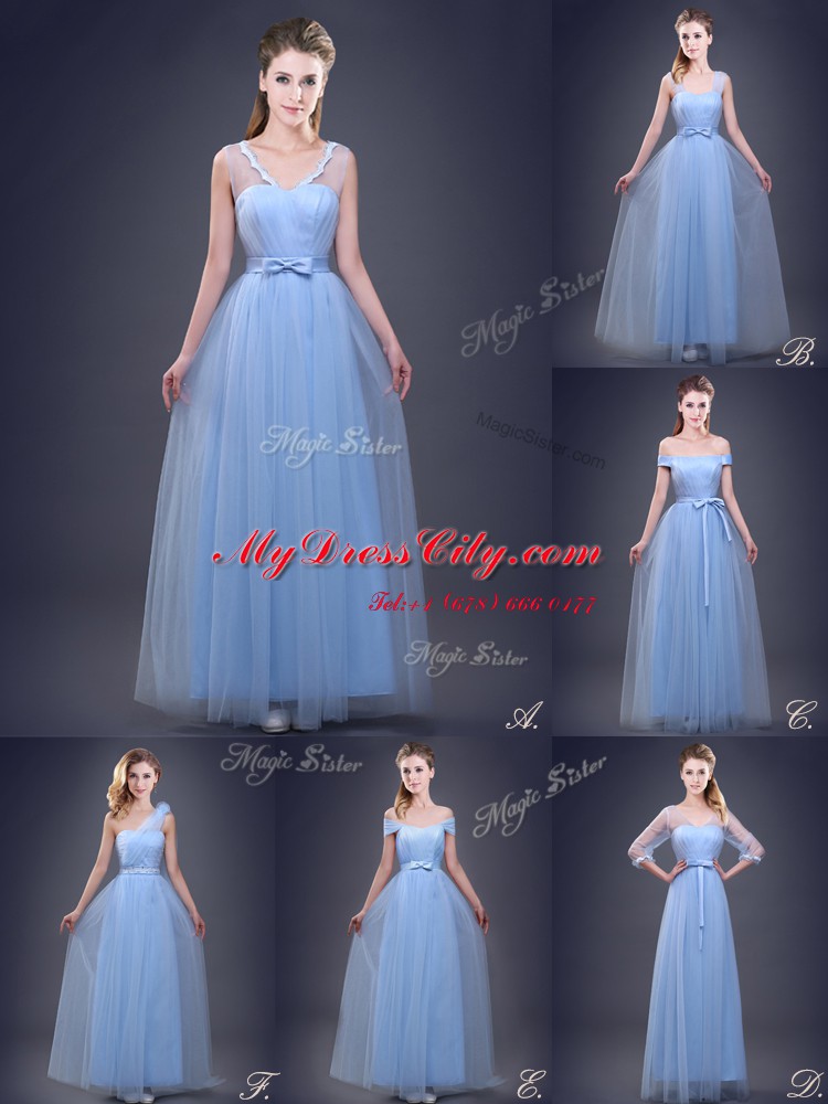 Light Blue Empire Tulle Off The Shoulder Sleeveless Ruching and Bowknot Floor Length Lace Up Bridesmaid Gown