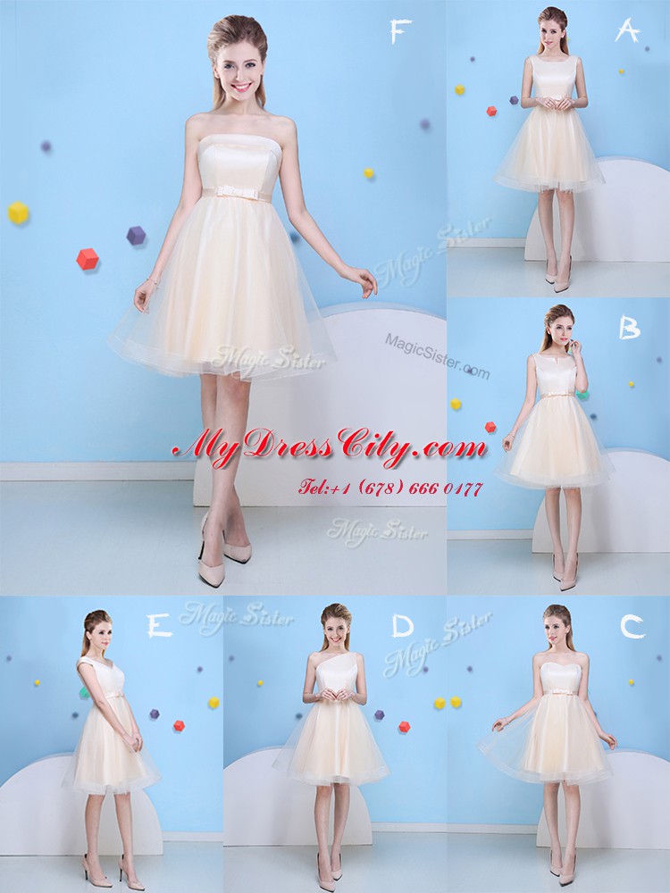 Pretty Champagne Sleeveless Knee Length Bowknot Lace Up Quinceanera Court of Honor Dress